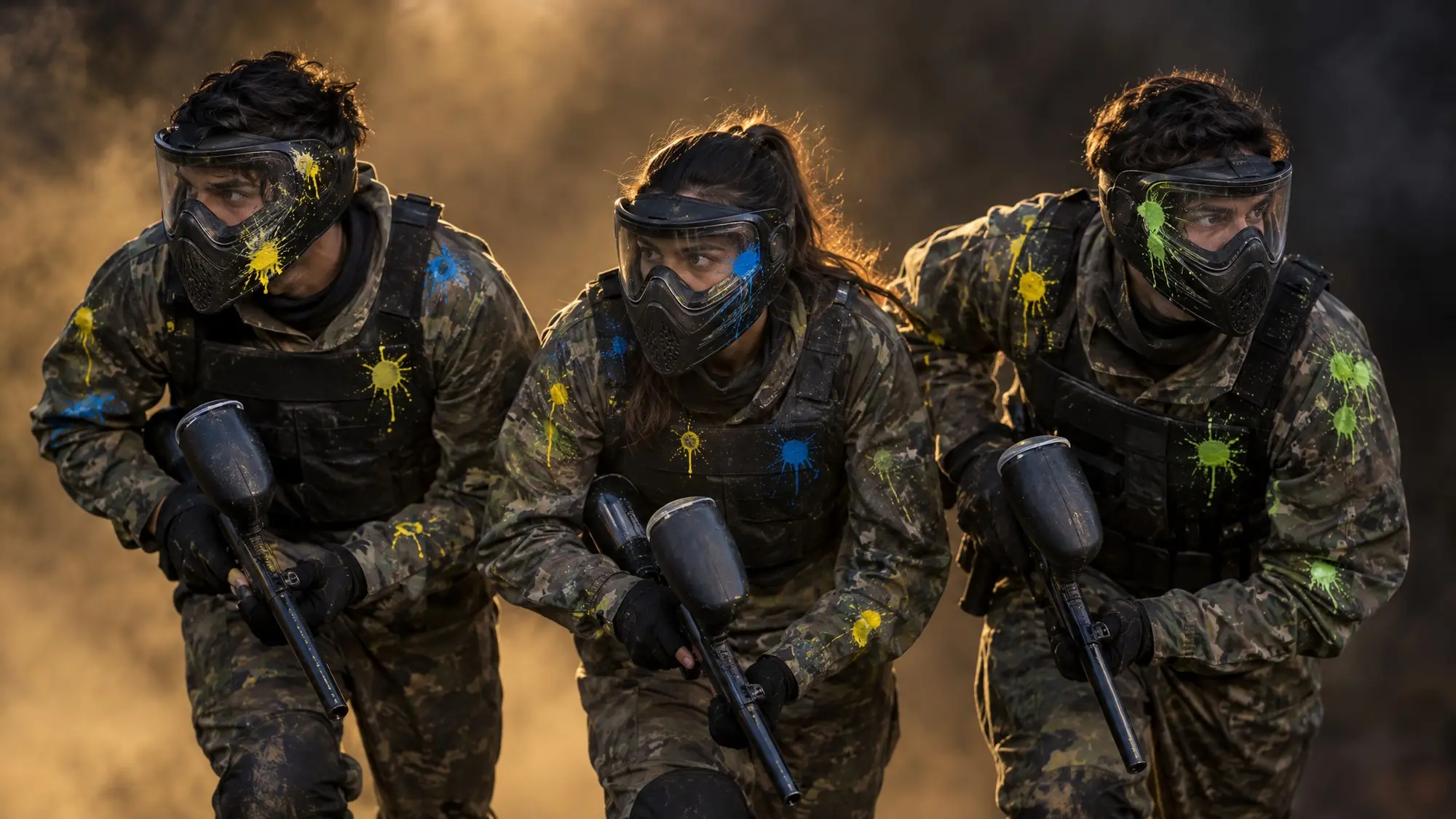 Tres jugadores de paintball con máscara avanzan juntos, con la ropa manchada de pintura amarilla, azul y verde
